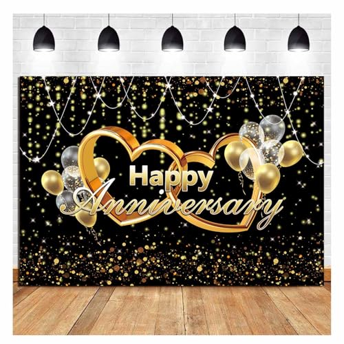 Happy Anniversary Backdrop Black and Gold Balloons Photography Background Poster for Wedding Anniversary Party Birthday Party Decorations Banner 9x6ft - size: 9x6FT(270x180cm)