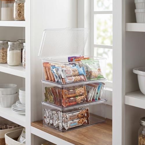 ZENFUN Set of 3 Small Stackable Storage Bins with Hinged Lid, Acrylic Organizer Box, Clear Makeup Organizer Box, Cosmetic Case for Home, Office - size: 10.8*6.8*3.7 inch