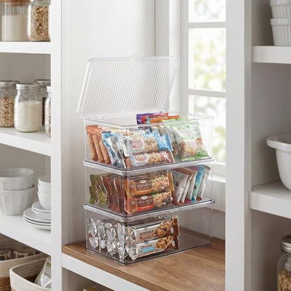 ZENFUN Set of 3 Small Stackable Storage Bins with Hinged Lid, Acrylic Organizer Box, Clear Makeup Organizer Box, Cosmetic Case for Home, Office - size: 10.8*6.8*3.7 inch
