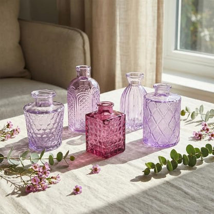 Set of 15 Purple Glass Bud Vases Small Textured Flower Vases - color: Purple