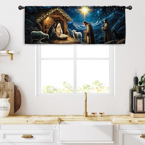 Miyotaa Christmas Holy Kitchen Curtain Valance 54W x 18H Rod Pocket Winter Night Xmas Holiday Religious Christian Window Treatment for Living Room Bedroom Bathroom - color: Blue Night, size: 54"W x 18"L (Pack of 1)