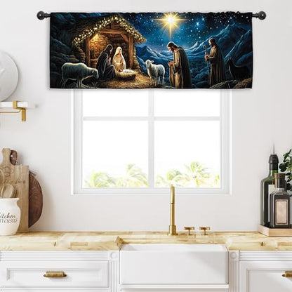 Miyotaa Christmas Holy Kitchen Curtain Valance 54W x 18H Rod Pocket Winter Night Xmas Holiday Religious Christian Window Treatment for Living Room Bedroom Bathroom - color: Blue Night, size: 54"W x 18"L (Pack of 1)