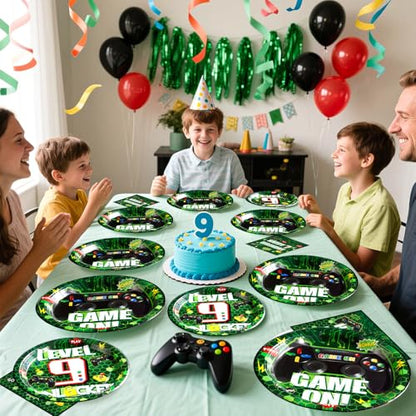 96 Pcs Video Game 9th Birthday Party Decorations for Boy, Serves 24 - style: Green Video Game 9th Kit