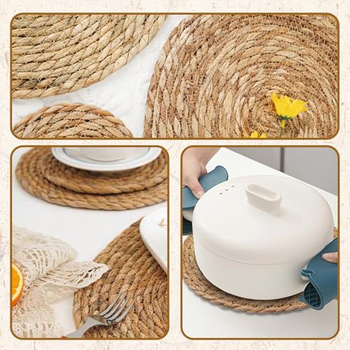 Round Woven Placemats Set of 6, with 72 Inches Long Farmhouse Macrame Table Runner Burlap Cotton Linen Table Runners Chargers for Dinner Plates, Beige & Brown - color: Beige & Brown, size: 12 x 72 Inches, 6Pcs Round