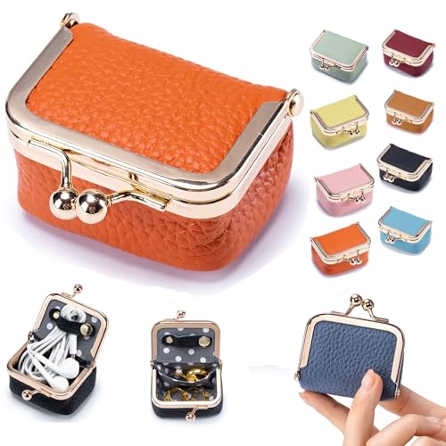 Genuine Leather Mini Jewelry Box & Coin Purse for Women, Travel Jewelry Case with Kiss Lock, Holds Earrings, Rings, Necklace, Bracelet, Coins (Orange) - color: Orange - 2.5in