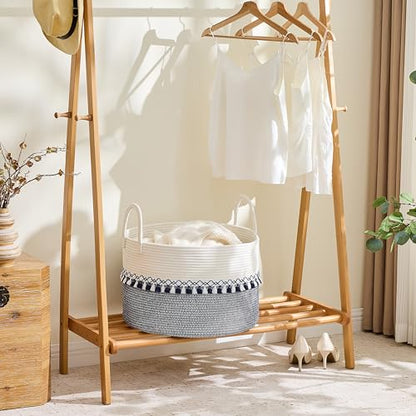 KAKAMAY Large Blanket Basket with Handles, Storage Basket for Living Room - color: White and Blue