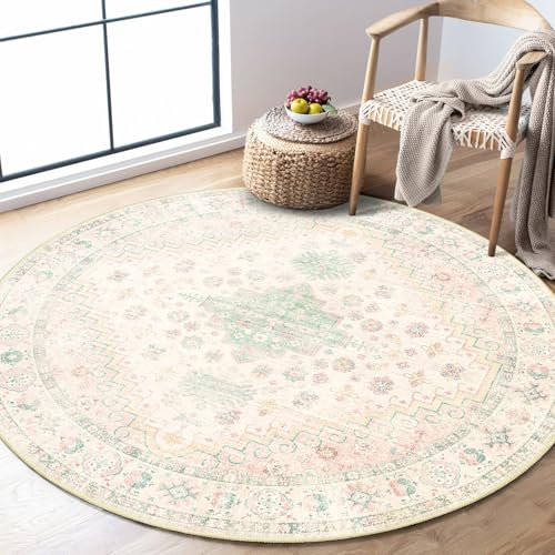 MUJOO Round Rug 4ft Small Cicle Area Rug Washable Low Pile Pink and Green - color: Pink and Green, size: 4' (Round)