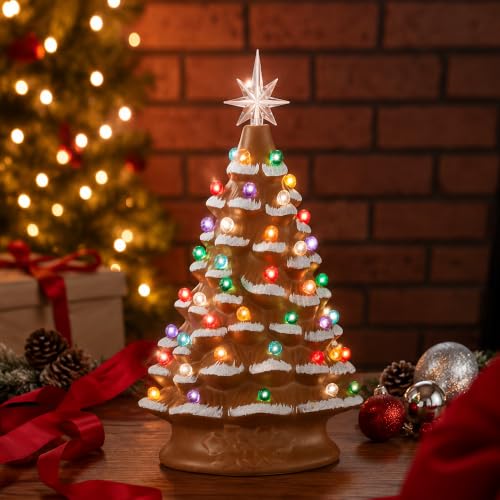 Casafield Hand Painted Ceramic Christmas Tree, Gingerbread 15-Inch Pre-Lit Tree with 128 Multi Color Lights, 2 Star Toppers - color: Brown