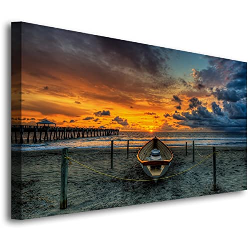 Beach Themed Wall Art Canvas Prints Seascape Poster Bathroom Décor Boat Ocean Sunset Landscape Paintings for Bedroom Dining Room Home Kitchen Decorations Natural Artwork 20x40 Picture Wooden Frames - color: grey beach white boat yellow sky, size: 40"L x 2