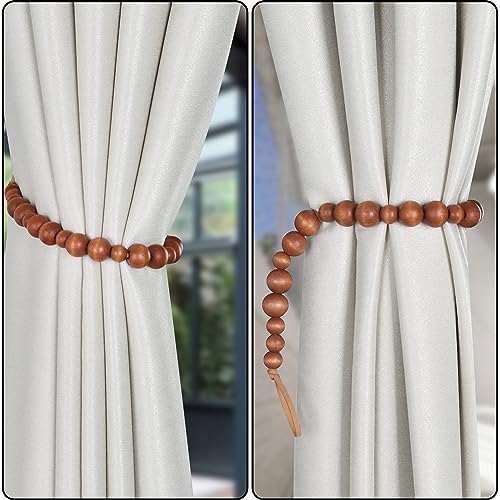 2 Pieces Curtain Tieback Wood Bead Curtain Tiebacks Curtain Holdbacks for Wall Curtain Ties Window Treatment Curtain Tie Backs with Hooks Curtain Pull Backs (Coffee,2) C-1 - color: Coffee