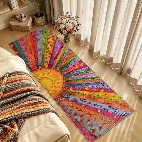 Likiyol Sun Runner Rug Non Slip 2x7'3 Inspirational Kitchen Runner Rug, Soft Faux Wool Runners for Hallways, Low Pile Washable Rug for Kitchen, Bedroom, Laundry Room - size: 2' x 7'4" (Rectangular)