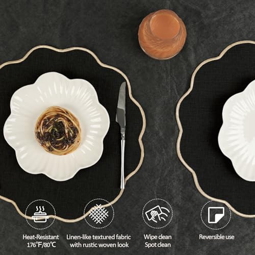 AHHFSMEI Round Scalloped Placemats Set of 6 15 Inch Faux Linen - color: Black