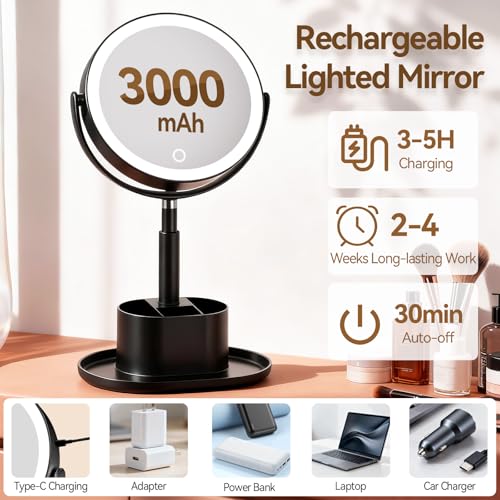 20X Magnifying Mirror with Lights and Storage, Double Sided Vanity Mirror - color: Black