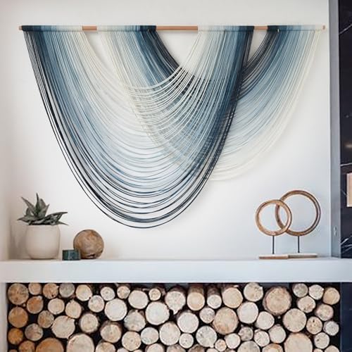 Macrame Wall Hanging Large handmade Navy Blue Ombre Fiber Art 57"W*39"L - color: Navy Blue
