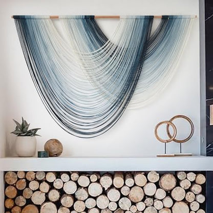 Macrame Wall Hanging Large handmade Navy Blue Ombre Fiber Art 57"W*39"L - color: Navy Blue