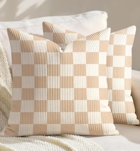 Corduroy Throw Pillow Covers 18x18 - Set of 2 Decorative Spring Pillow Covers with Zipper Farmhouse Decor Modern Checkered Throw Pillowcases for Couch Sofa Living Room Home Bedroom, Plaid - color: Brown Plaid, size: 18" x 18" (Pack of 2)