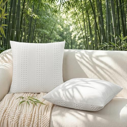 a moment 2 Pack Bamboo Fiber Pillow Covers - Waffle Weave, Ultra Soft & Breathable, Skin-Friendly Cotton Throw Pillow for Couch, Sofa, Bedroom Living Room 18x18 Inch White - color: White, size: 18" x 18" (Pack of 2)