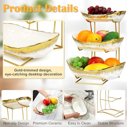 3 Tier Fruit Bowl for Kitchen Counter, Gold Trim Ceramic Fruit Stand Basket for Countertop, Fruit Rack with Thickened Metal Holder, Vegetable Bowl Dessert Nuts Bread Candy Storage (Gold Trim) - color: Gold Trim