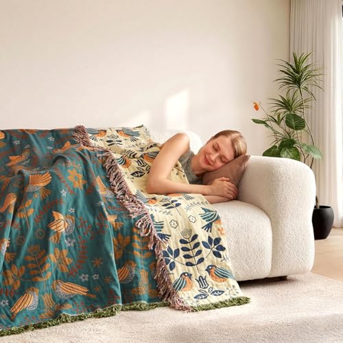 LUTBM Boho Throw Blanket for Couch 50"x60", 100% Cotton Soft Bed Blankets - color: Animal-bird-a, size: 50"×60"