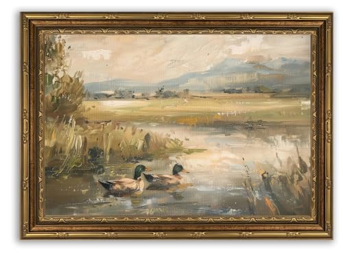 Gold Framed Vintage Ducks Canvas Wall Art, Country Pond Landscape Painting Picture Wall Decor, Farmhouse Wild Animals Poster Print Artwork for Living Room, Bedroom, Kitchen, Home Decoration 16x24in - color: Country Framed, size: 24"L x 16"W