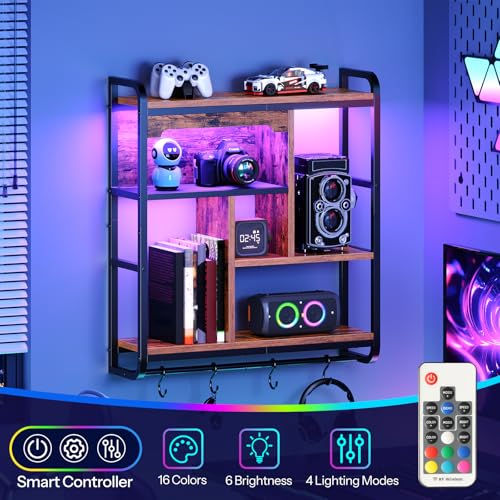 HOOBRO Gaming Floating Shelves for Wall, 26.4" LED wall Shelf Display Rack - color: Rustic Brown + Black