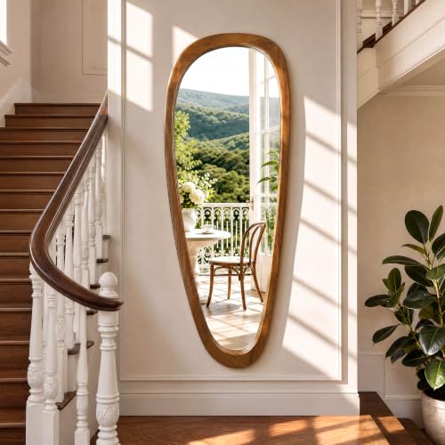 60"x22" Asymmetrical Mirror, Solid Wood Frame, Irregular Design - color: Brown, size: 60"L x 22"W
