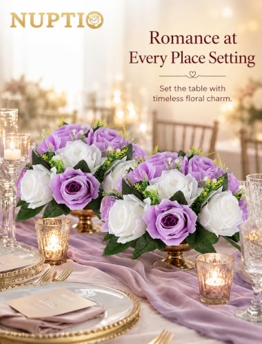 NUPTIO Lilac & White Flower Balls: Artificial Rose Centerpieces for Tables - color: Lilac & White, size: 2 Pcs