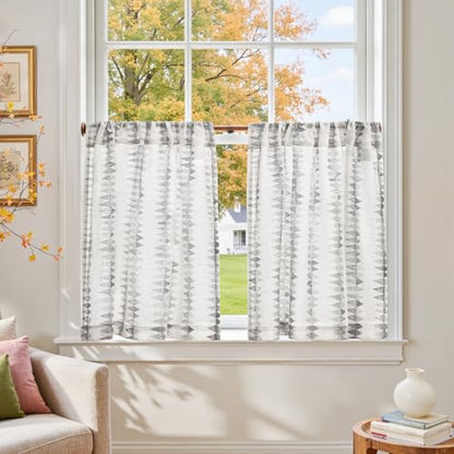 jinchan Grey Linen Kitchen Tier Curtains 24 Inch Modern Boho 2 Panels - color: Tribal | Grey on Linen, size: 26"W x 24"L (Pack of 2)