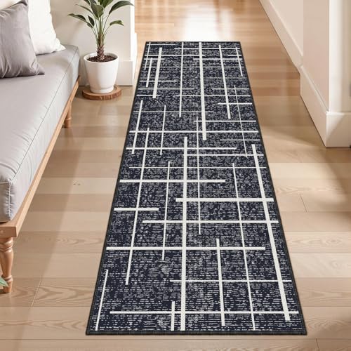 Washable Runner Rug 2x6, Modern Distressed Stripe, Kitchen Runner Rug Non Slip, Woven Thin No Shed Carpet Runners for Entryway, Kitchen, Laundry Room- Midnight Black - color: Striped-black/White, size: 2' x 6' (Runner)