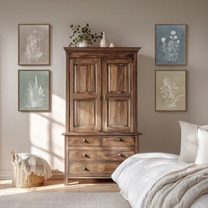 Framed Boho Neutral Botanical Wall Art for Living Room, 4 Piece 12x16 In - color: Simple - Walnut Framed, size: 12" W x 16" H x 4 pcs