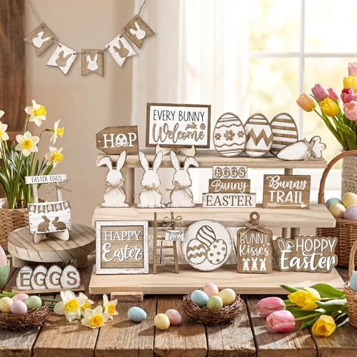 24 Pcs Easter Tiered Tray Decoration Set Easter Table Sign Farmhouse Bunny Eggs Rabbit Carrot Tabletop Centerpieces Spring Wood Blocks Signs for Spring Home Kitchen Office Holiday Party Supplies - style: Easter