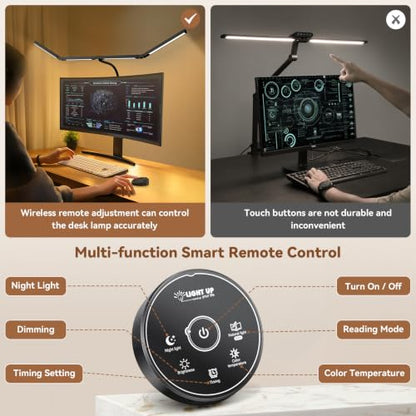 Pzloz Led Desk Lamps for Home Office - Eye Caring Architect Lamp with Clamp, Double Head Computer Monitor Work Desk Light with Remote Control: 24W Flexible Dimmable Desktop Table Lamp - color: Dark Black