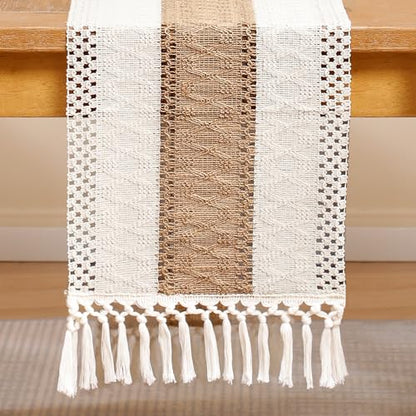 120 inch Boho Table Runner with Tassels Khaki Striped Fall Decor - color: Khaki Stripes