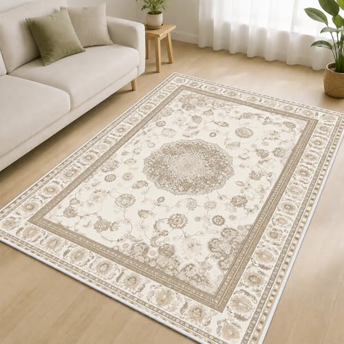 Boho Beige Area Rug 4x6 Soft Machine Washable Neutral Vintage Area Rug with Non-Slip Backing Low Pile Throw Rugs for Entryway, Living Room, Kitchen, Kis Room, Office, Bedroom, Laundry Mat Carpet Decor - color: Bohobeige, size: 4' x 6' (Rectangular)