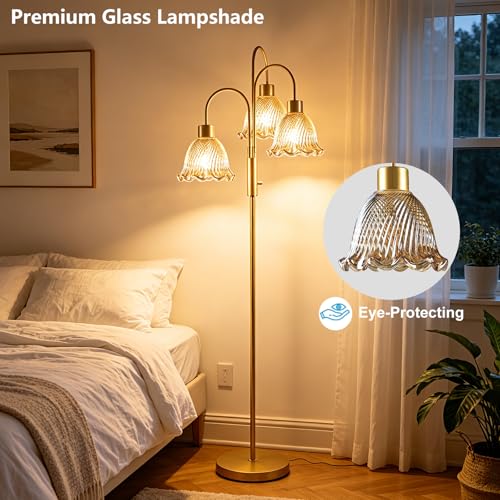 Glass Floor Lamp 3-Light 70" Amber Flower Gold Dimmable Tall Standing Lamps - color: Amber Flower-Gold
