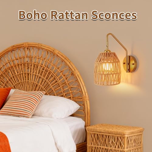 Rattan Battery Operated Wall Sconce Set of Two,Rechargeable,Remote