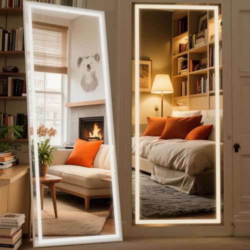 70" x 23" Full Length Mirror with Lights, LED Lighted Floor Standing Body Mirror, Dimmable & 3 Color Lighting for Bedroom, Cloakroom, Dressing Room, Tempered Glass, White Frame - color: White, size: 73"L x 25.4"W
