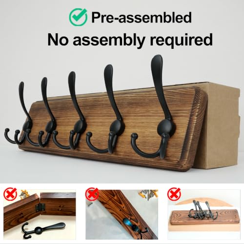WEBI Rustic Coat Rack Wall Mount,Solid Wood Coat Hooks Wall Mounted Coat Hanger,16" Hole to Hole,Hook Rack Rail,5 Triple Hooks for Hanging Coats,Jacket,Clothes,Farmhouse,Brown - color: Brown, size: 5 Hooks