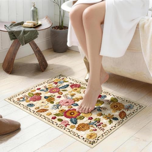 Washable Non-Slip Small Area Rug 16x24, Also a Door Mat or Pet Feeding Mat - color: Beige, Cream, Mustard, Brick Red and Blue, size: 1'4" x 2' (Rectangular)