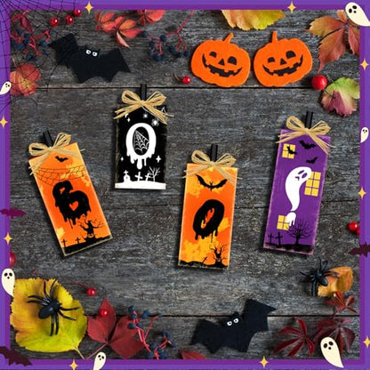 Britimes Ghost Bat Sign Tiered Tray Decor, 4 Pack, Wooden - style: BOO!
