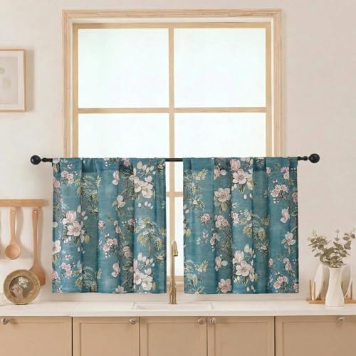 Aiyufeng Floral Tiers Curtains 24 Inch Length for Kitchen, Flower Patterned Soft Airy Light Filtering Country Style Rod Pocket Small Window Treatments Short Drapes, W30 X L24 Inch, Aqua - color: Aqua, size: 30"W x 24"L (Pack of 2)