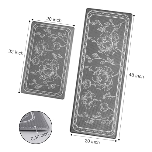 Kitchen Floor Mat Set of 2, Anti Fatigue Kitchen Mat 20"x32"+20"x47" - color: Grey, size: 20"x32"+20"x48"