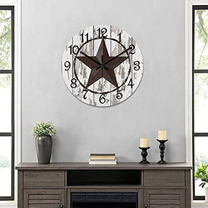 Round Farmhouse Wall Clock Western Texas Star Classic Style Wood Clock Quiet Non-Ticking Battery Operated with Large Numbers Rustic Wall Art Time Clock for Living Room Patio School 15 Inch - color: Style-1, size: 15in
