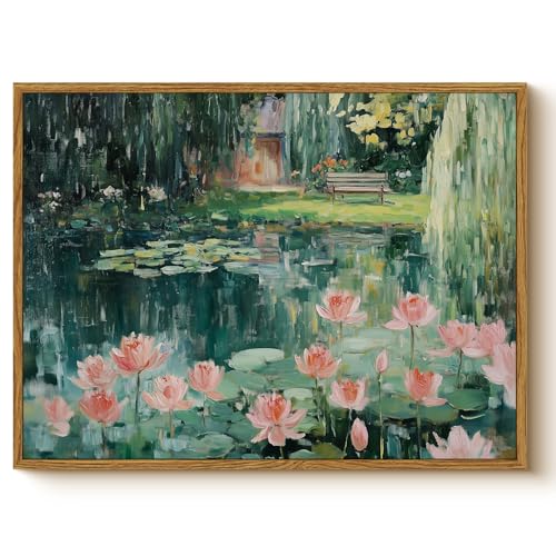 WHASAYART Vintage Framed Monet-Inspired Lotus Pond Floral Wall Art 12x16in - color: Green Garden, size: 16"L x 12"W