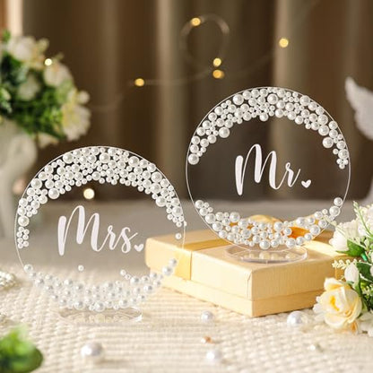Jingmore 2 Pcs Mr and Mrs Table Sign 6 Inch Pearl Acrylic Decor for Wedding
