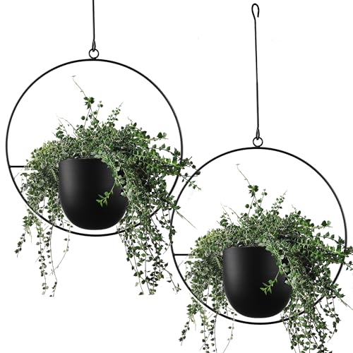2 Pcs Hanging Planters for Indoor and Outdoor Plants with Hooks and Chains, Metal Modern Wall Ceiling Planter Hangers Minimalist Flower Pot Holder Basket for Home Decor(Black) - color: Black, size: 2PCS
