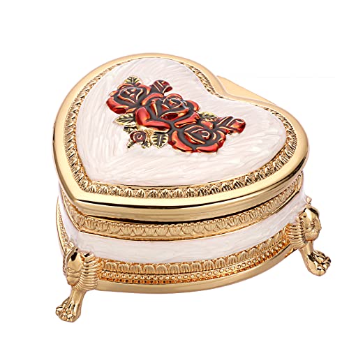 Hipiwe Heart Shape Metal Jewelry Box Antique Trinket Box Carved Red Rose - color: Red, size: Small