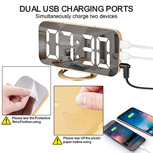 SZELAM Digital Alarm Clock,LED and Mirror Desk Clock Large Display,with Dual USB Charger Ports,3 Levels Brightness,12/24H,Modern Electronic Clock for Bedroom Home Living Room Office - Gold - color: Gold