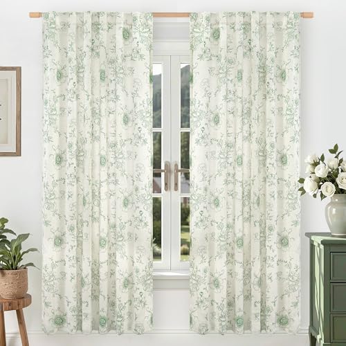 LAMIT Olive Green Floral Linen Curtains 72 Inch Length for Living Room - color: Olive Green, size: 52"W x 72"L (Pack of 2)