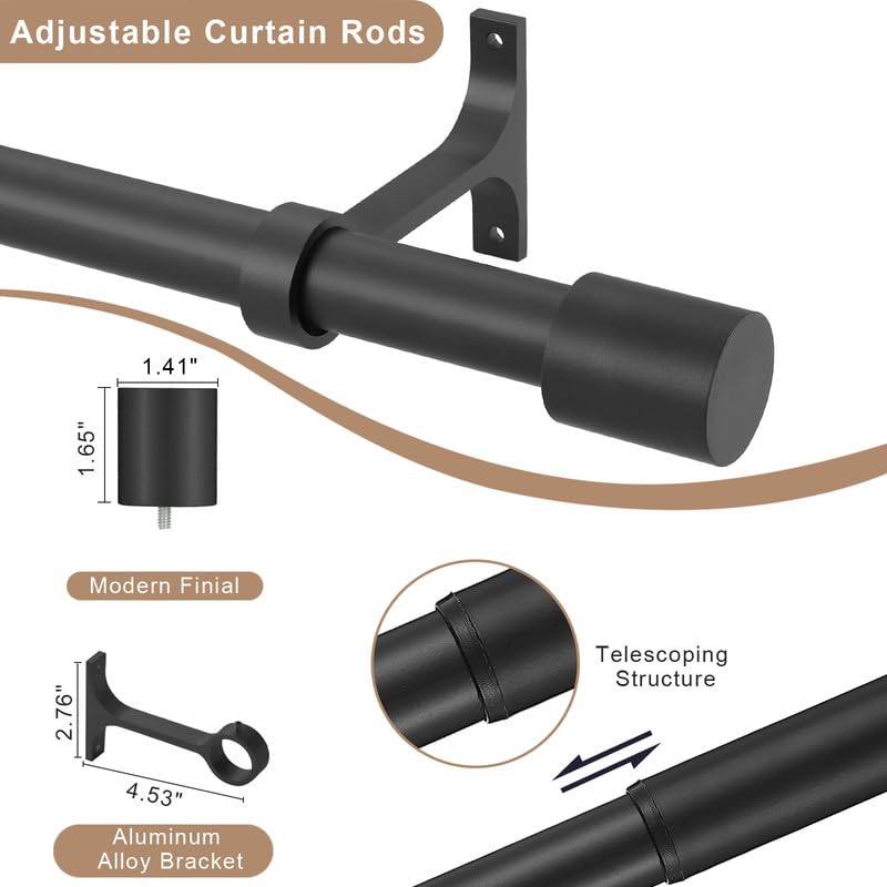 Matte Black Curtain Rods with Cap Finials, Single 144-164" Telescoping Heavy Duty 1-Inch Window Treatment Rods - color: Matte Black, size: 144-164"
